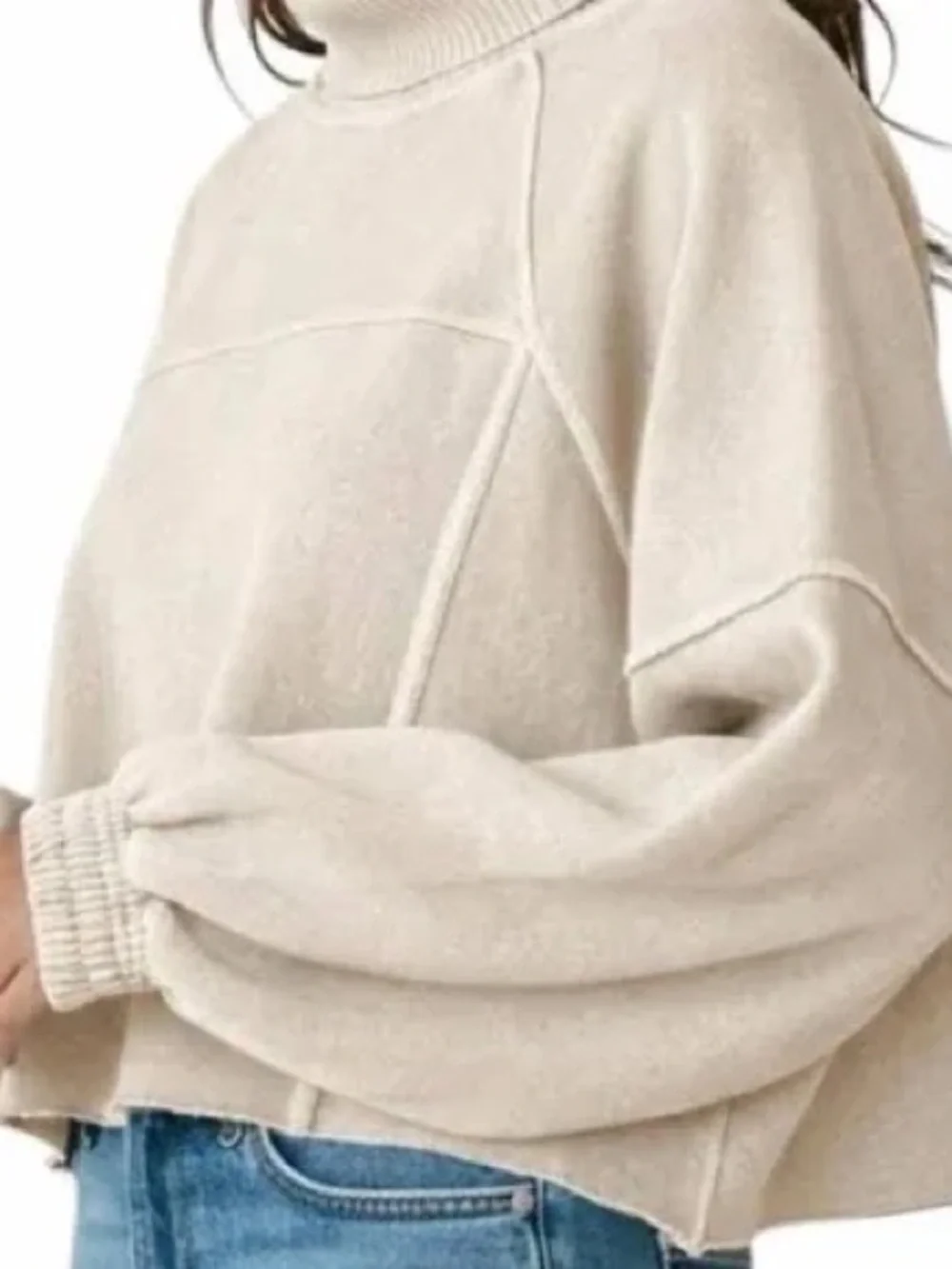 aerie Cream Turtleneck Balloon-Sleeve Sweatshirt